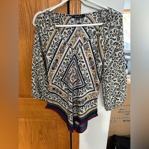 Heart Soul Geometric Print Blouse in Black, Cream, and Blue